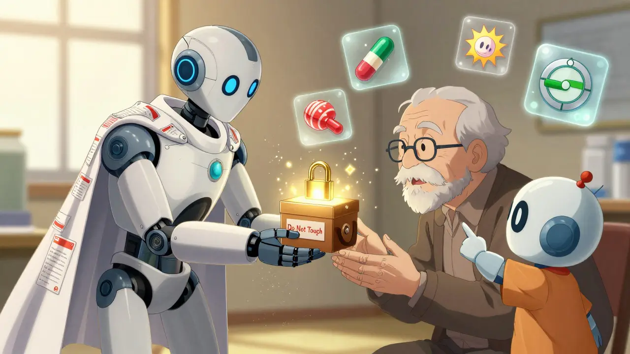 A pharmacist robot giving a glowing lockbox to an elderly grandparent robot with a child pointing at it.