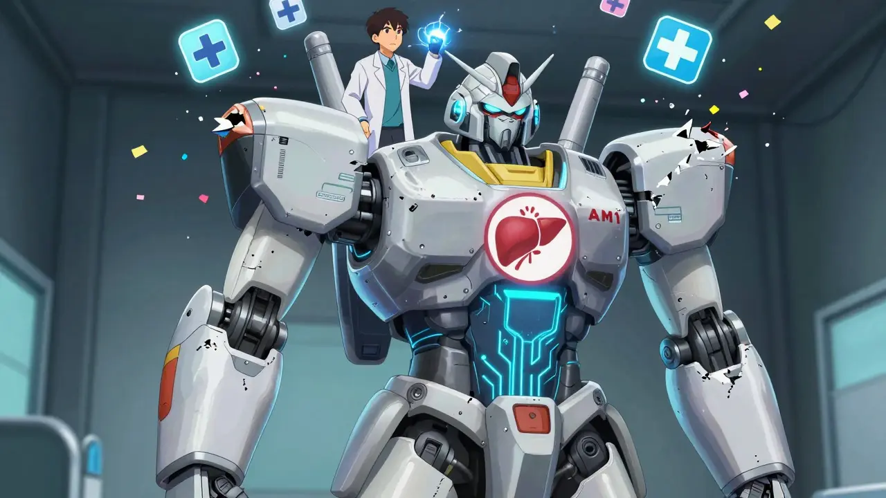 A powerful mecha pill merges two smaller pills into one, glowing with medical symbols as a patient stands atop it.