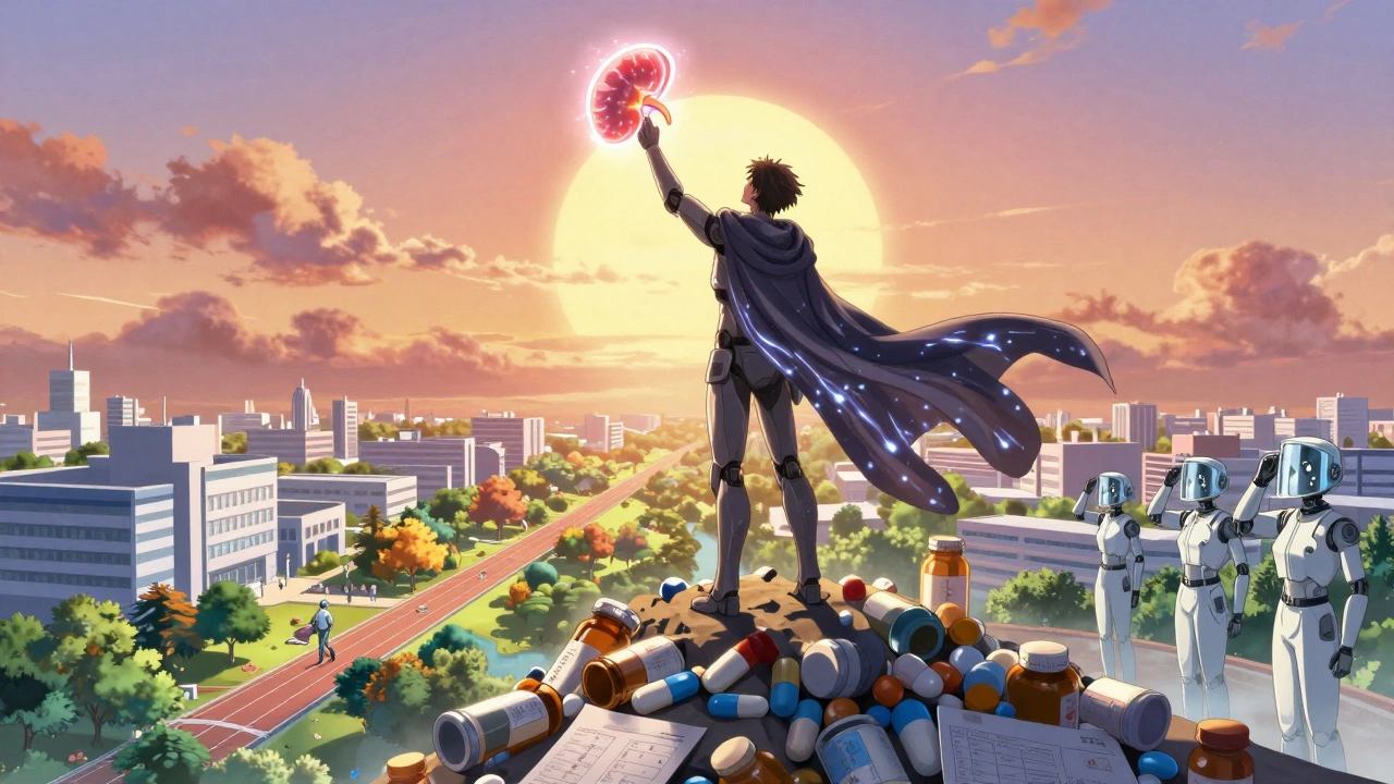 A recipient holds a glowing kidney core atop a mountain of pill bottles, as hospitals turn into vibrant landscapes below.