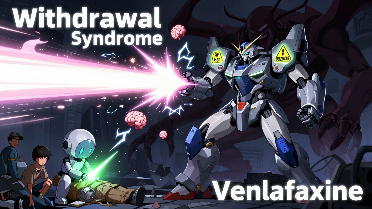 A robot named Venlafaxine battles a shadow creature labeled Withdrawal Syndrome, surrounded by electric zaps and brain cells.