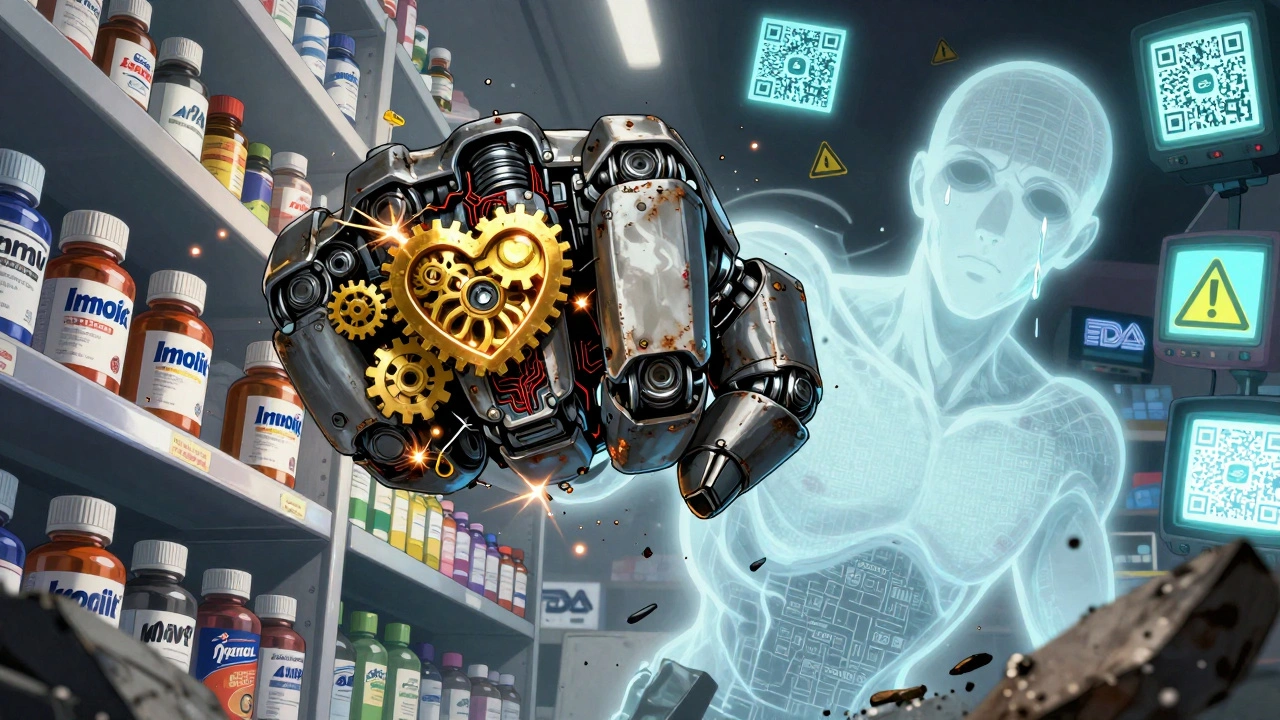 A robotic hand crushing medicine bottles, heart gears breaking, with a ghostly figure emerging from static noise.