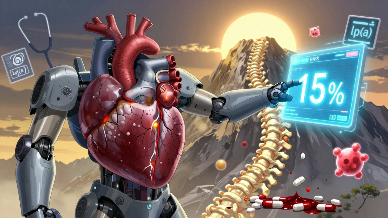 A robotic heart with calcium deposits crushes blood thinners while glowing risk data shines nearby.
