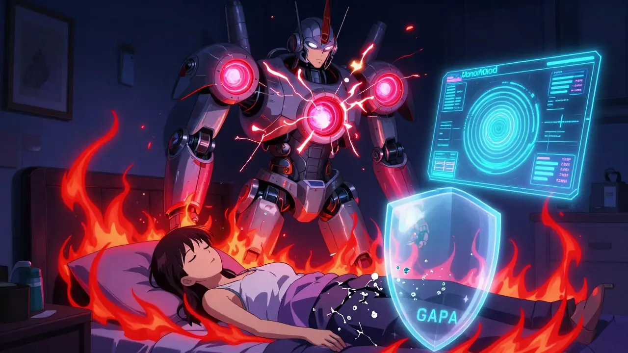 A robotic hormone controller sparks above a sleeping woman as GABA fails and digital therapy glows nearby.