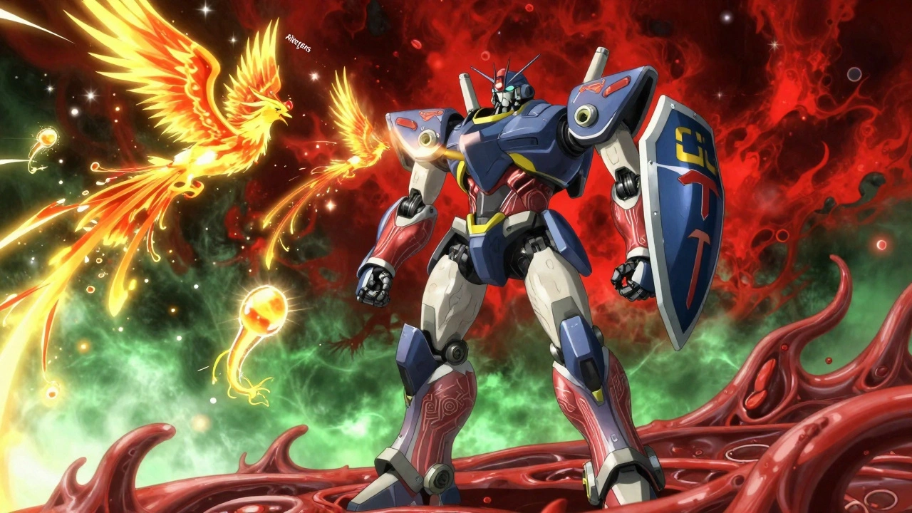 A robotic immune guardian deflects allergens with a shield, releasing golden T-cells like phoenixes in the bloodstream.