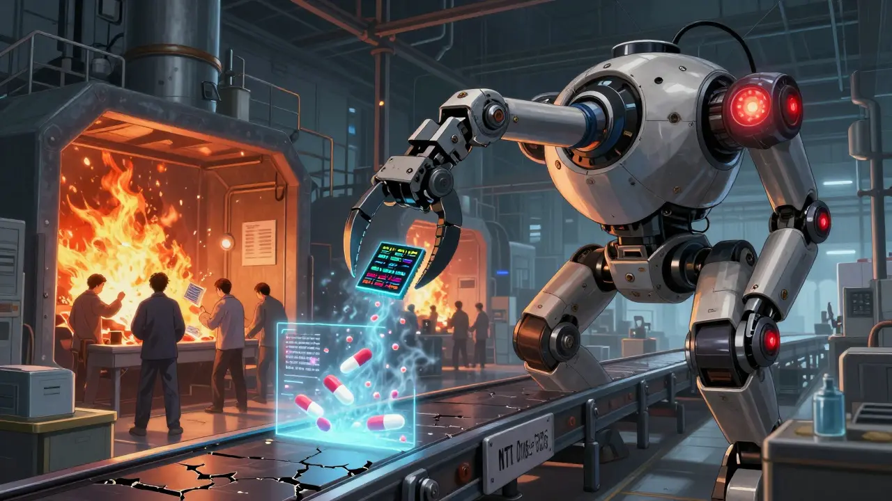 A robotic inspector scans a corrupt drug factory, with workers burning documents and failing pills dissolving into smoke.