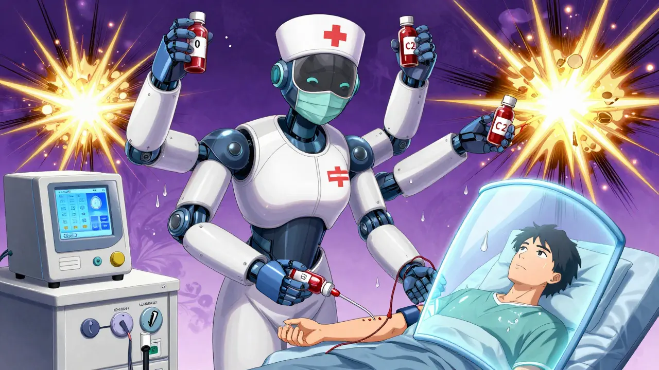 A robotic nurse draws blood with C0 and C2 vials while rejecting inaccurate testing machines.