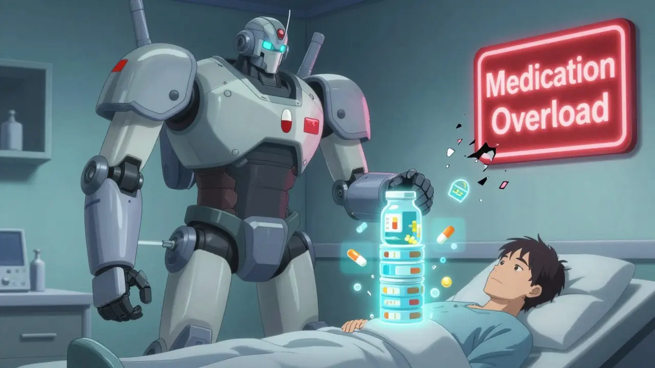A robotic pharmacist reviewing floating medications that shatter into pixels.