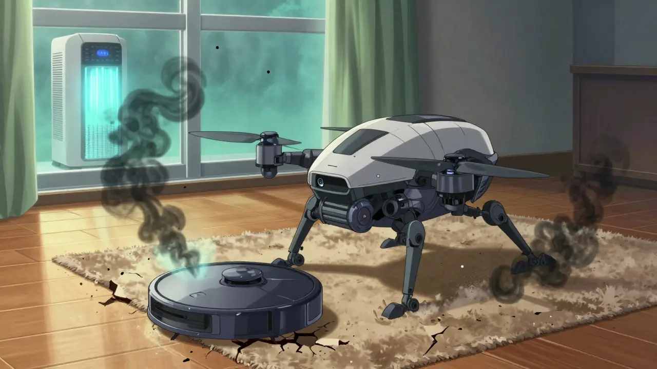 A sleek vacuum drone cleans a floor while neutralizing invisible allergens.