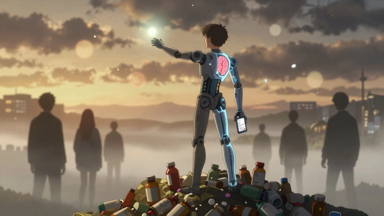 A teen partially turned into a fractured android, reaching for a helpline beacon, standing on a mountain of empty medicine bottles.