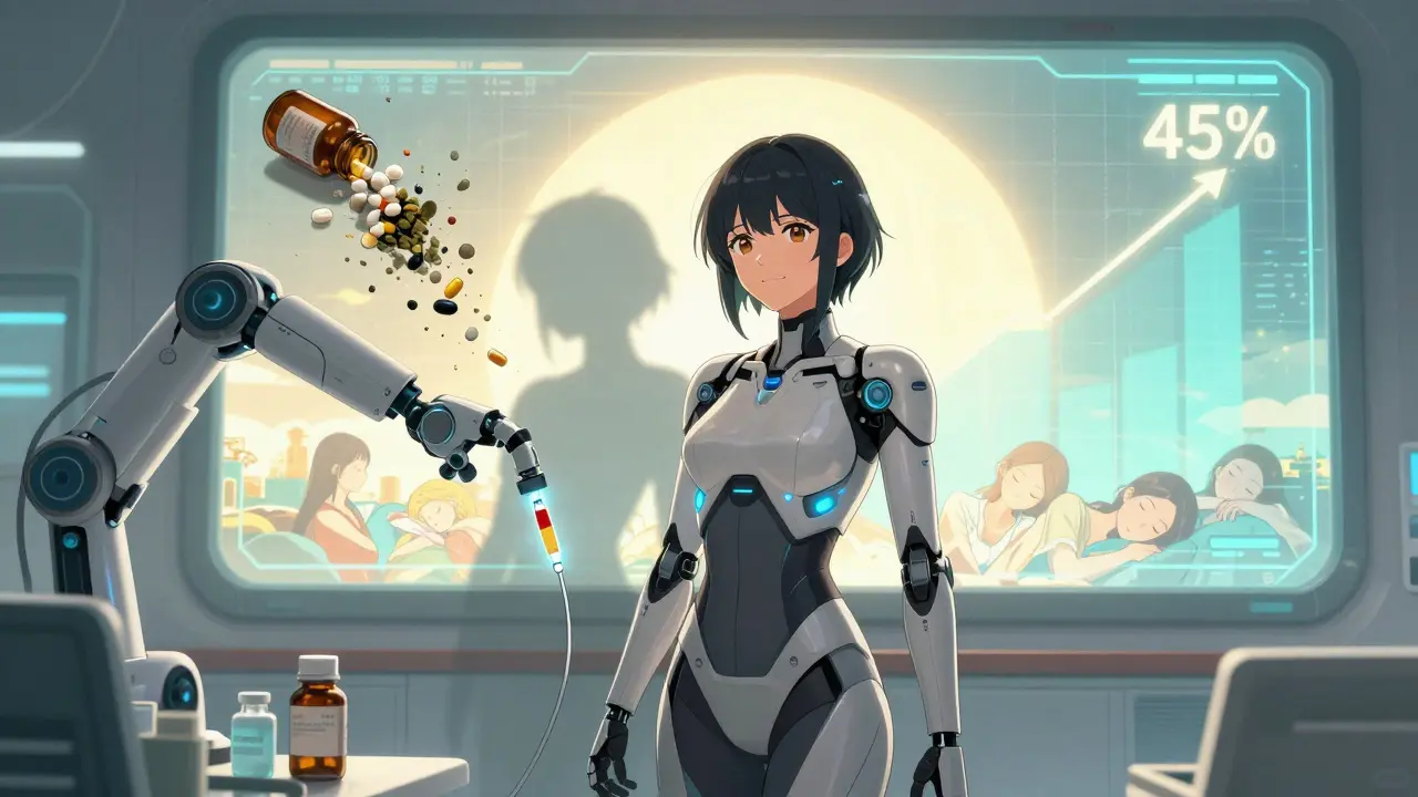 A woman receives hormonal treatment as her shadow returns to a happier self, with failed remedies dissolving behind her.