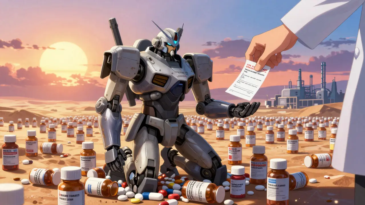 A worn robot holds 30% market share on a mountain of pills, as a doctor's hand places a prescription from the clouds.