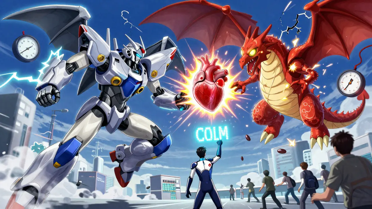 Adderall mech battling caffeine dragon over a human heart, pharmacist warning in background.