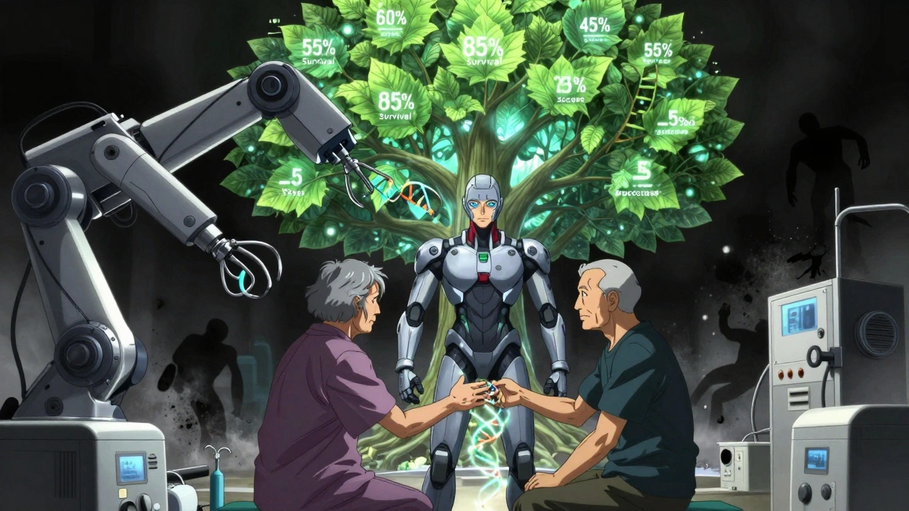 An elderly patient and donor connected by glowing DNA strands as a robotic arm performs surgery amid life-expectancy holograms.