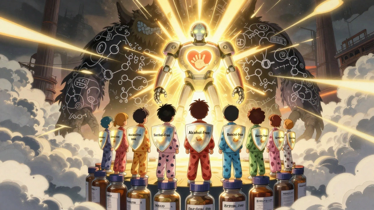 Children hold shields labeled &#039;Alcohol-Free&#039; as they face a monster made of chemical formulas, guarded by a radiant robot.