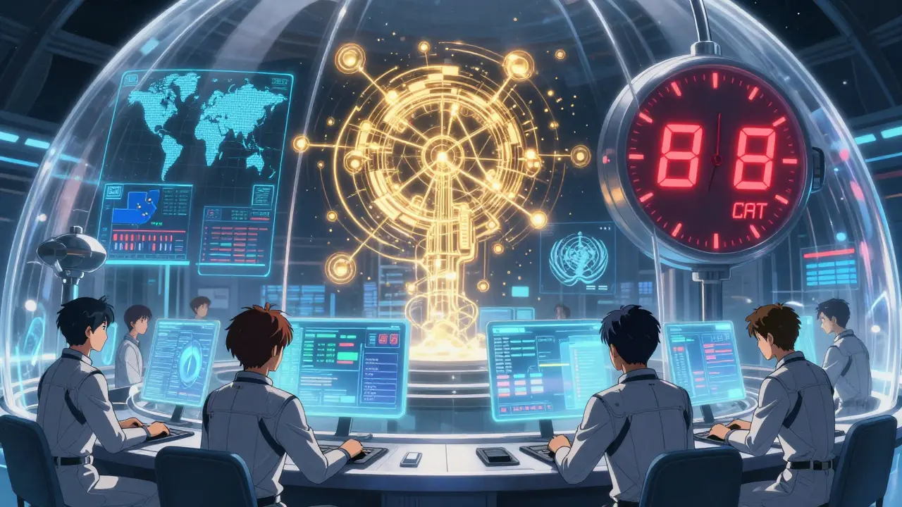 Engineers in a high-tech dome manage global drug safety signals using holographic AI interfaces.