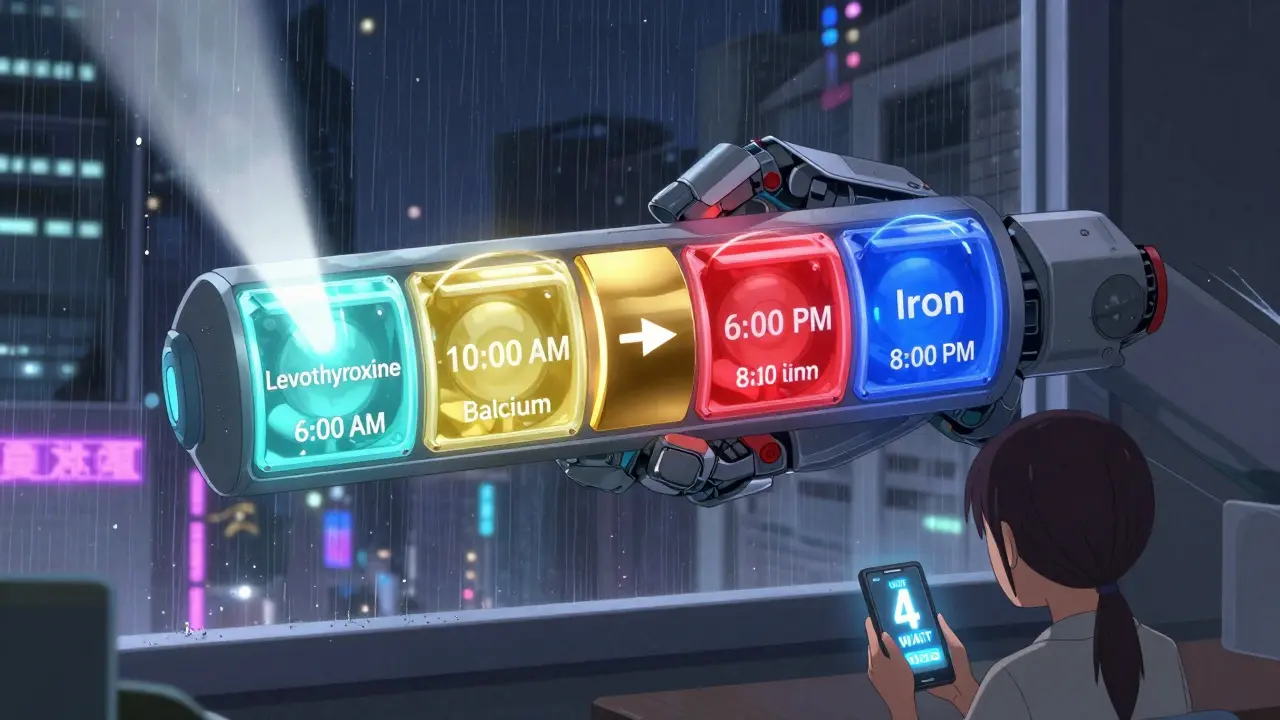 Futuristic pill organizer with glowing time segments showing 4-hour gap between thyroid and mineral doses.