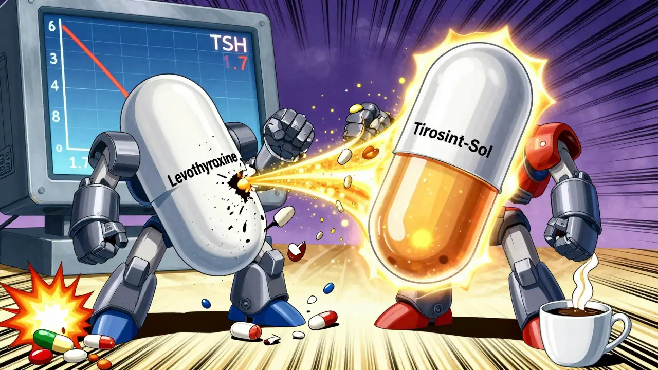 Liquid levothyroxine capsule defeating calcium and iron robots with a protective energy shield.