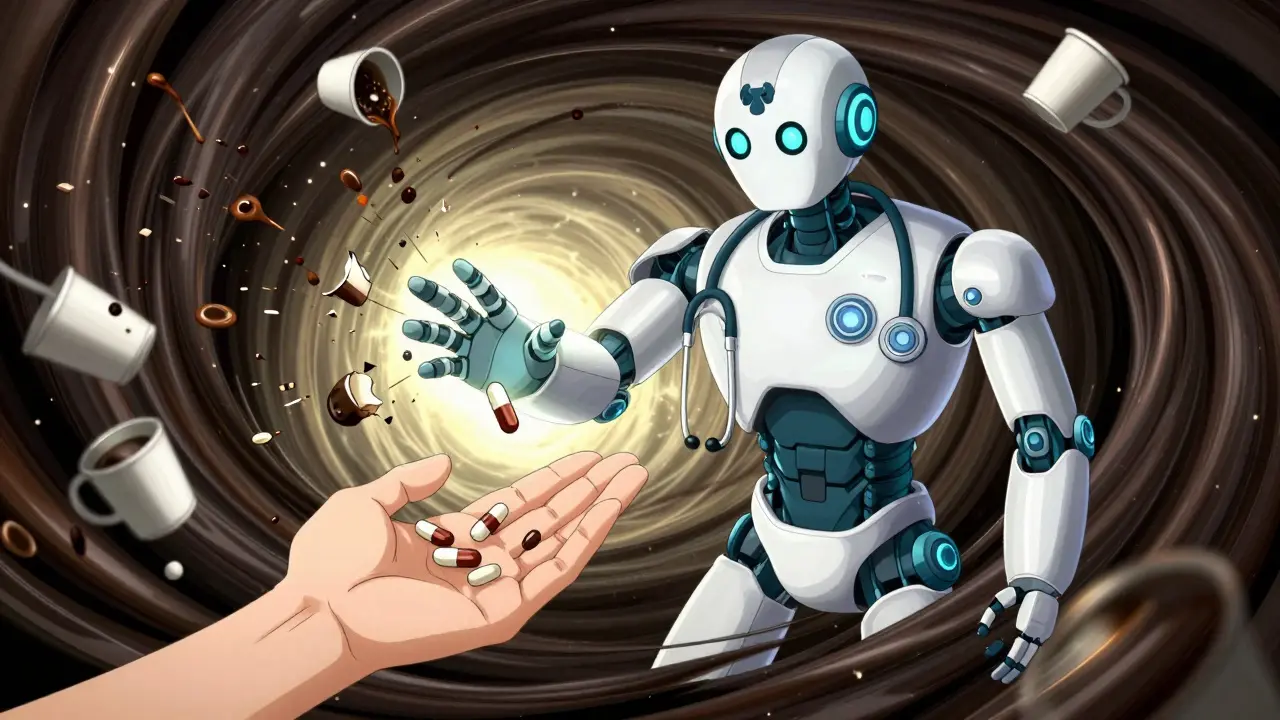 Medical robot shielding thyroid pill from black coffee tendrils in dramatic anime style.
