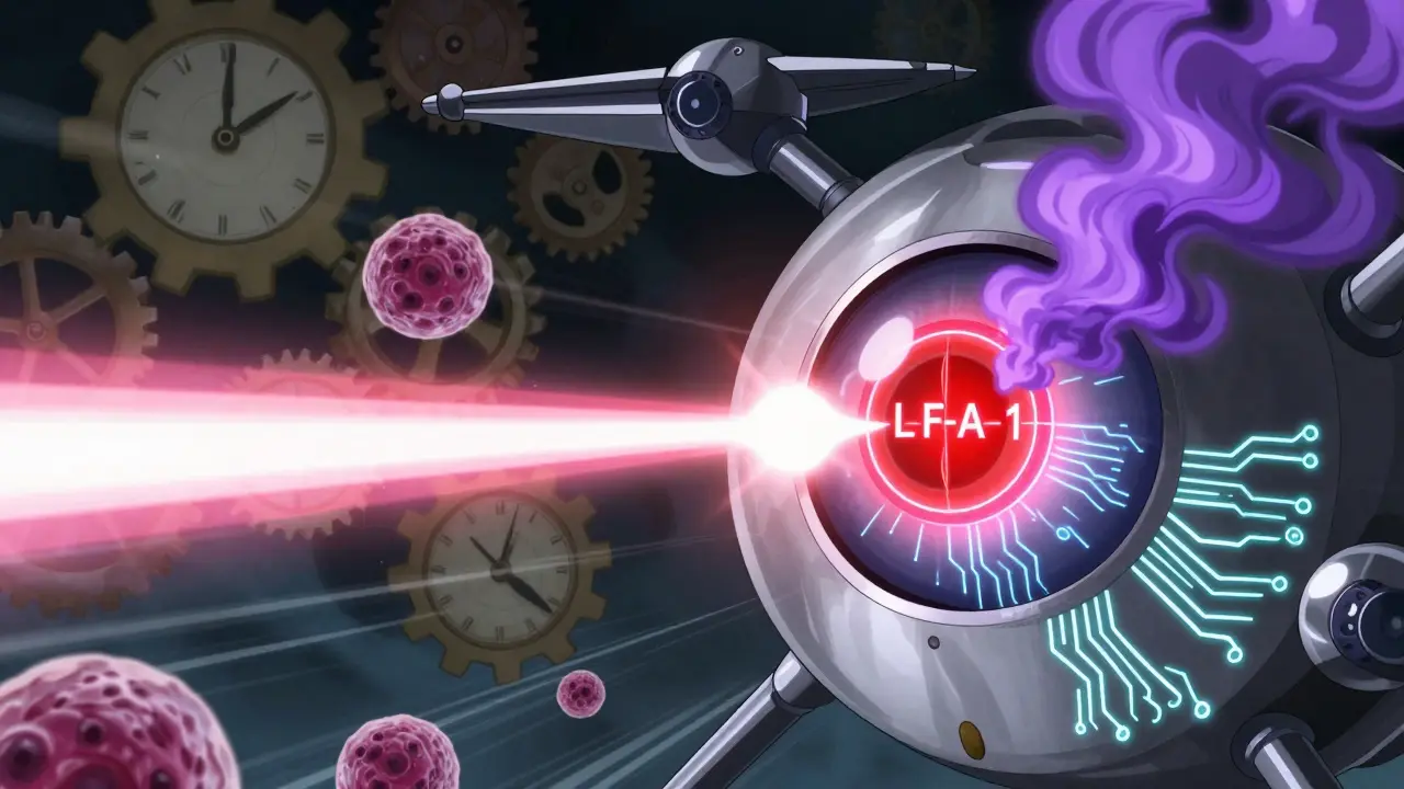 Metallic drone targeting immune cells with energy beam, bitter taste as purple smoke.