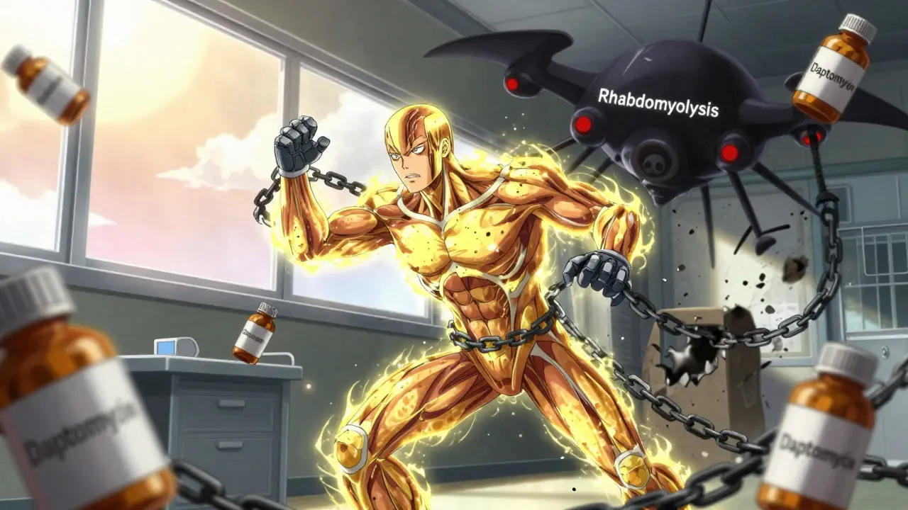 Patient breaking free from daptomycin chains, muscles healing with golden energy as toxicity crumbles.