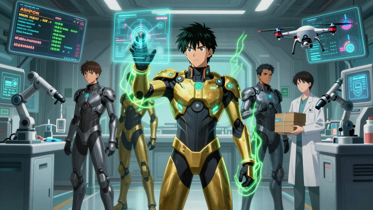 Pharmacist heroes in armor managing drug substitutions via holograms and robotic dispensers in an ICU.