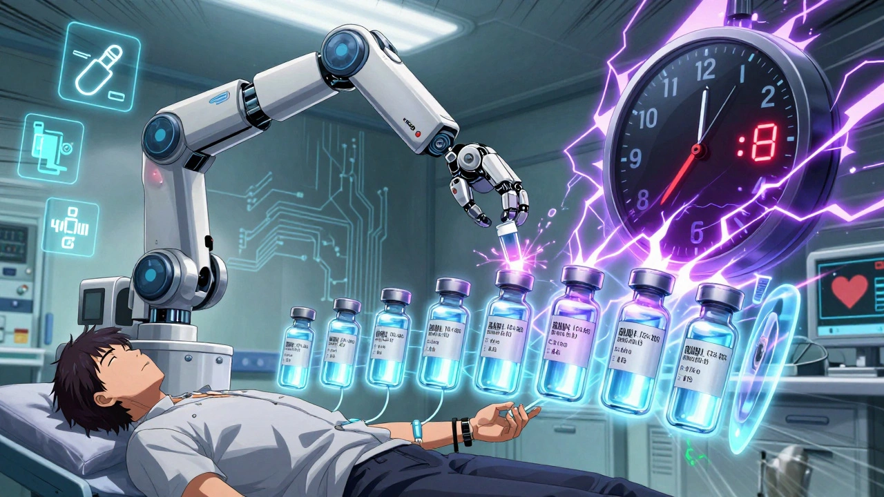 Robotic arm delivers progressive penicillin doses with holographic vitals and energy shields neutralizing allergic reactions.