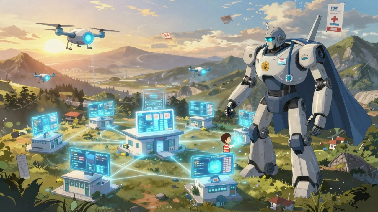 Rural hospitals connected by drones and a giant robotic pharmacist protecting a child from drug shortages.