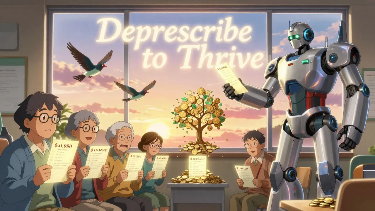 Seniors watching medication lists transform into birds flying out a window.