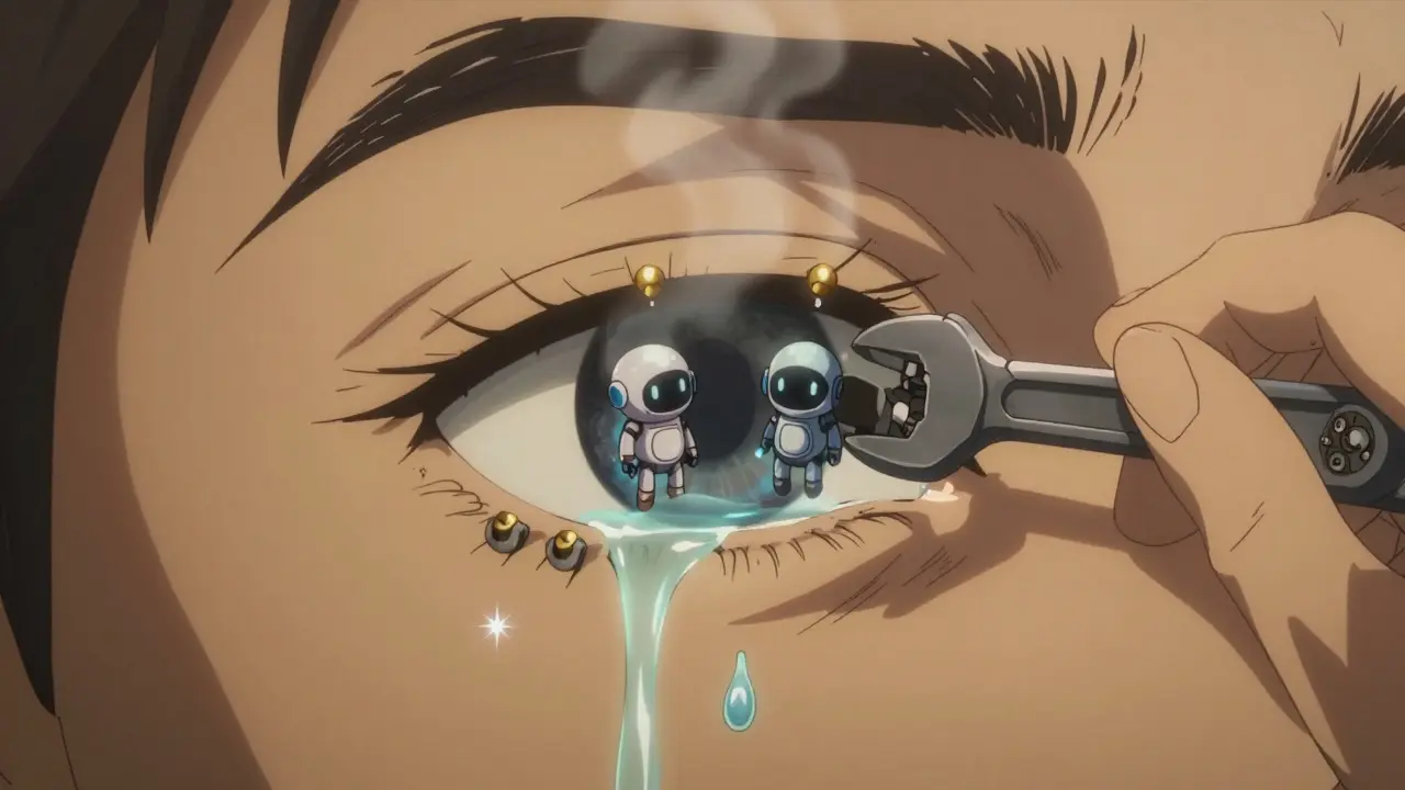 Tiny plug robots blocking tear drainage in robotic eyelid, steam rising in relief.
