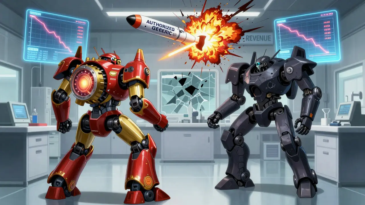 Two robotic competitors battle in an FDA lab as a brand's missile explodes, with holograms showing falling prices.