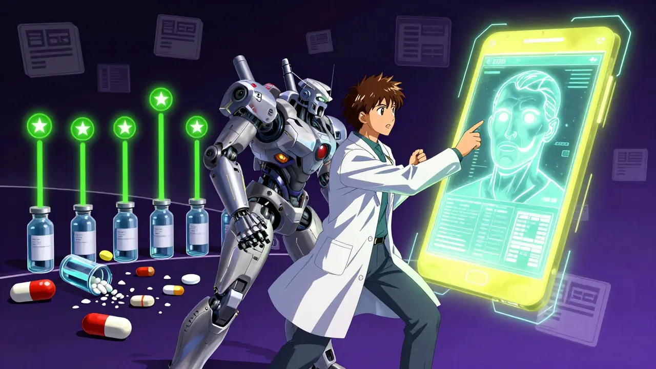 A cybernetic doctor calling an insurer avatar with glowing medical records.