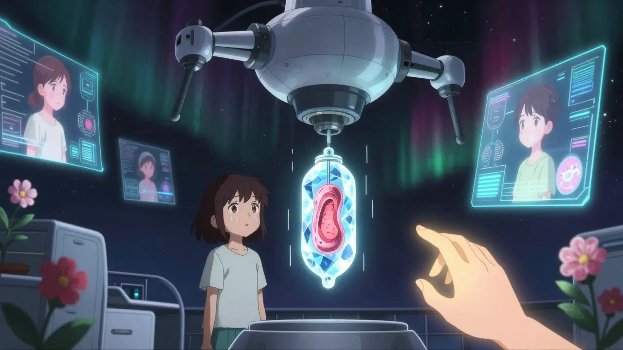 A girl’s ovarian tissue is preserved by a biomechanical drone, with holograms of future children floating around.