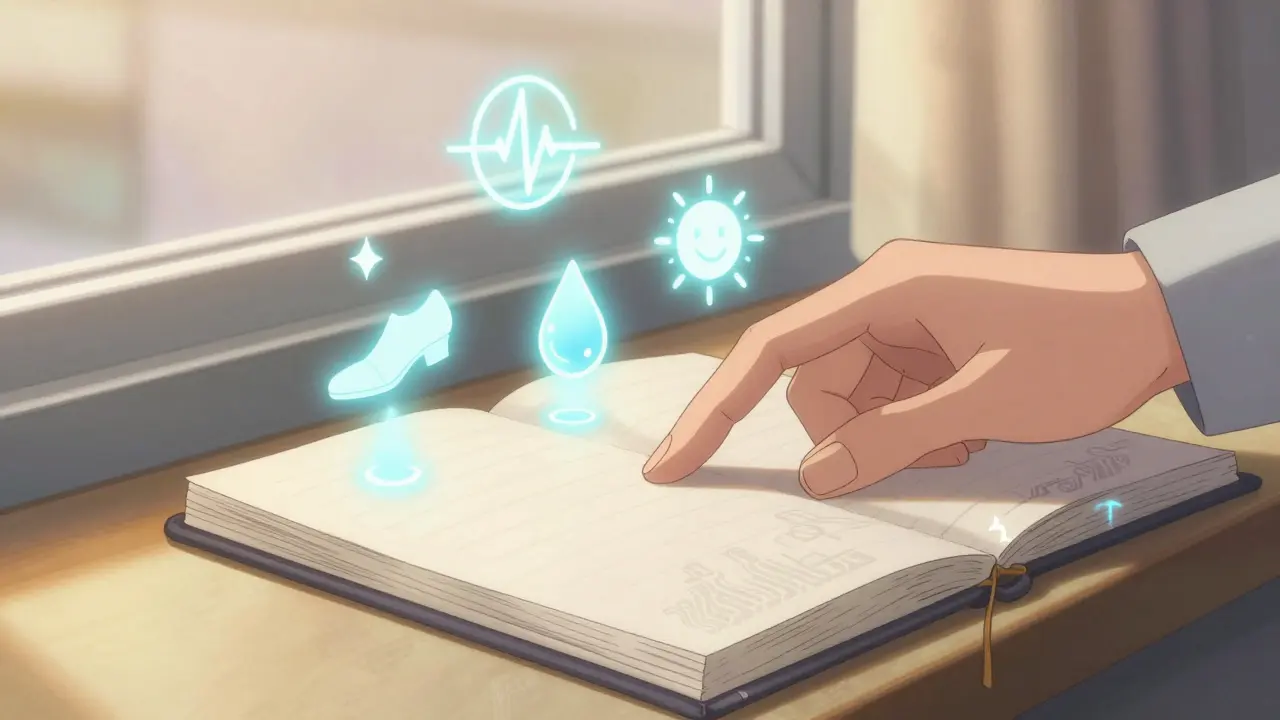A hand places a notebook from which glowing health symbols rise in soft morning light.