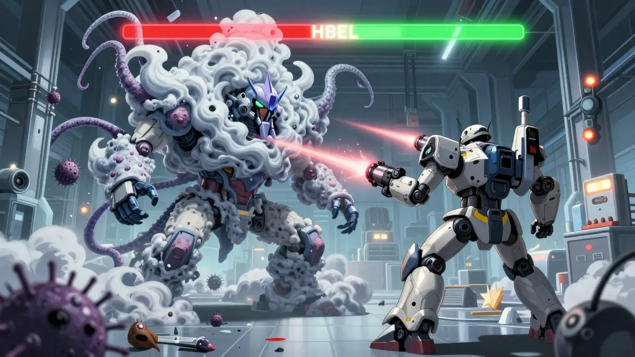 A heroic mech fights a contamination monster with laser scanners and mat cannons in a factory battle.