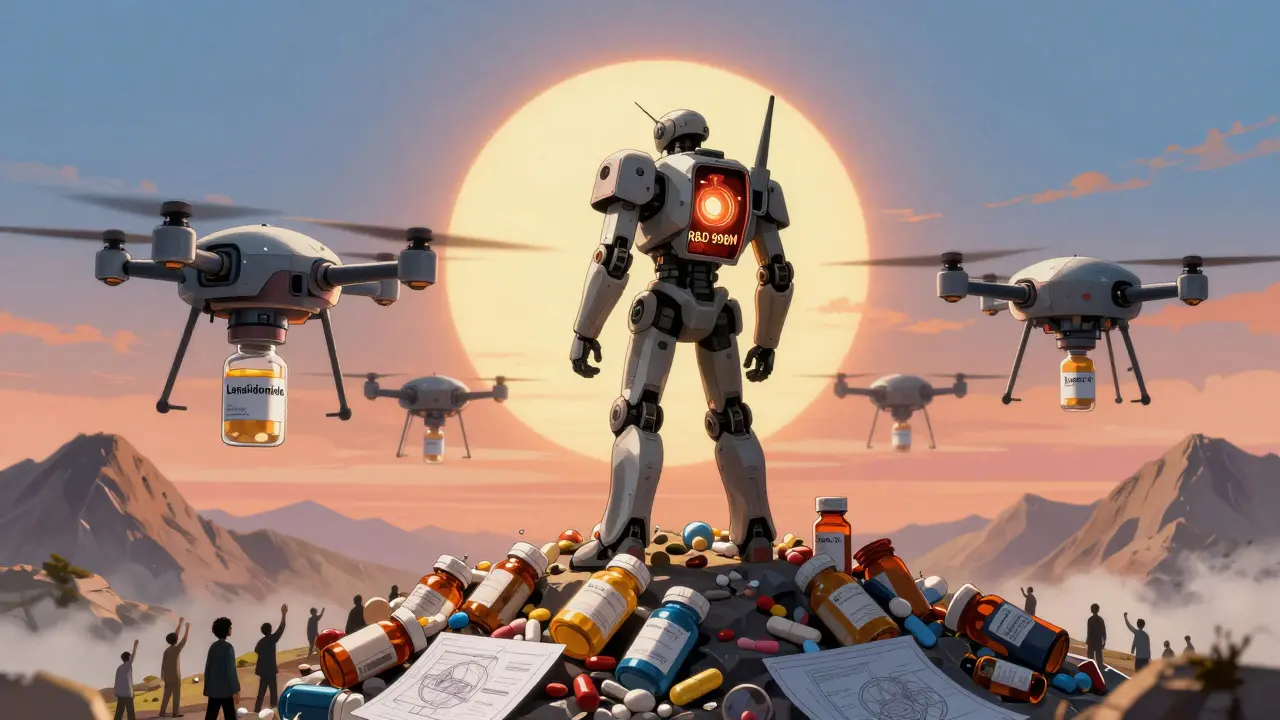 A lone robot atop pill bottles, chest revealing R&amp;D core, as drones carry complex generics toward sunrise.