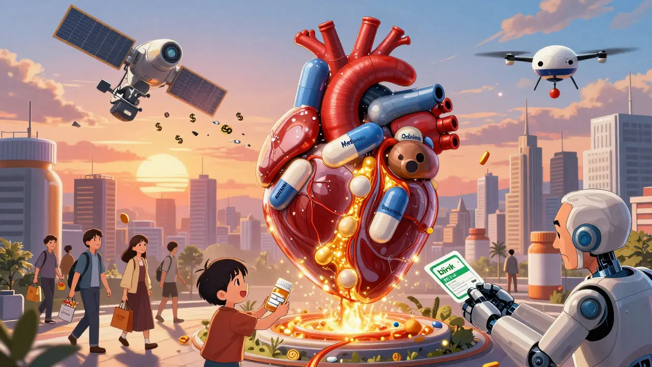 A mechanical heart made of generic pills pumps savings energy into a thriving city, with citizens happily receiving affordable medicine.