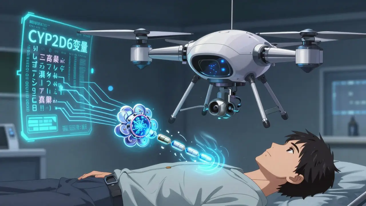 A medical drone releases a blooming polymer pill that calms overstimulated receptors, with holographic genetic code floating nearby.