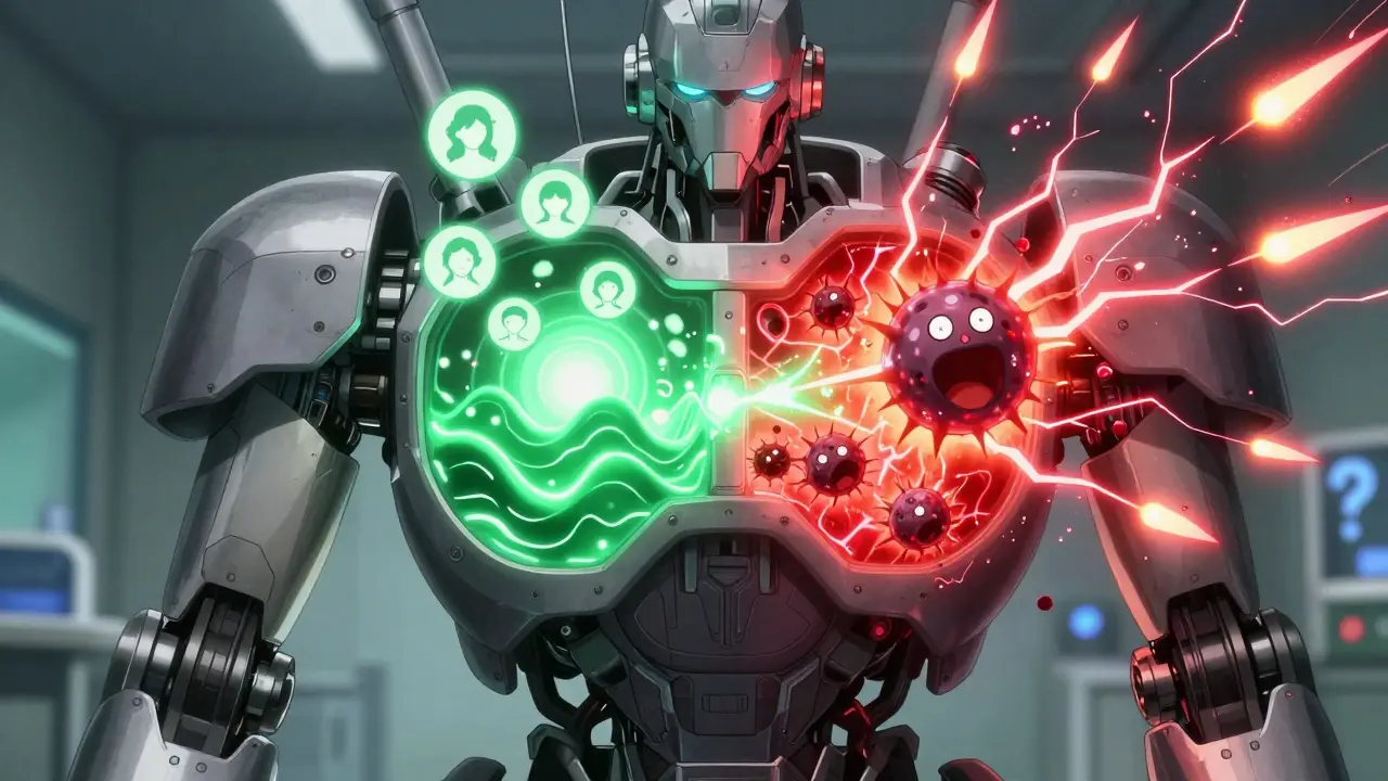 A medical robot showing side effects and immune reactions in its glowing chest, with red and green energy contrast.