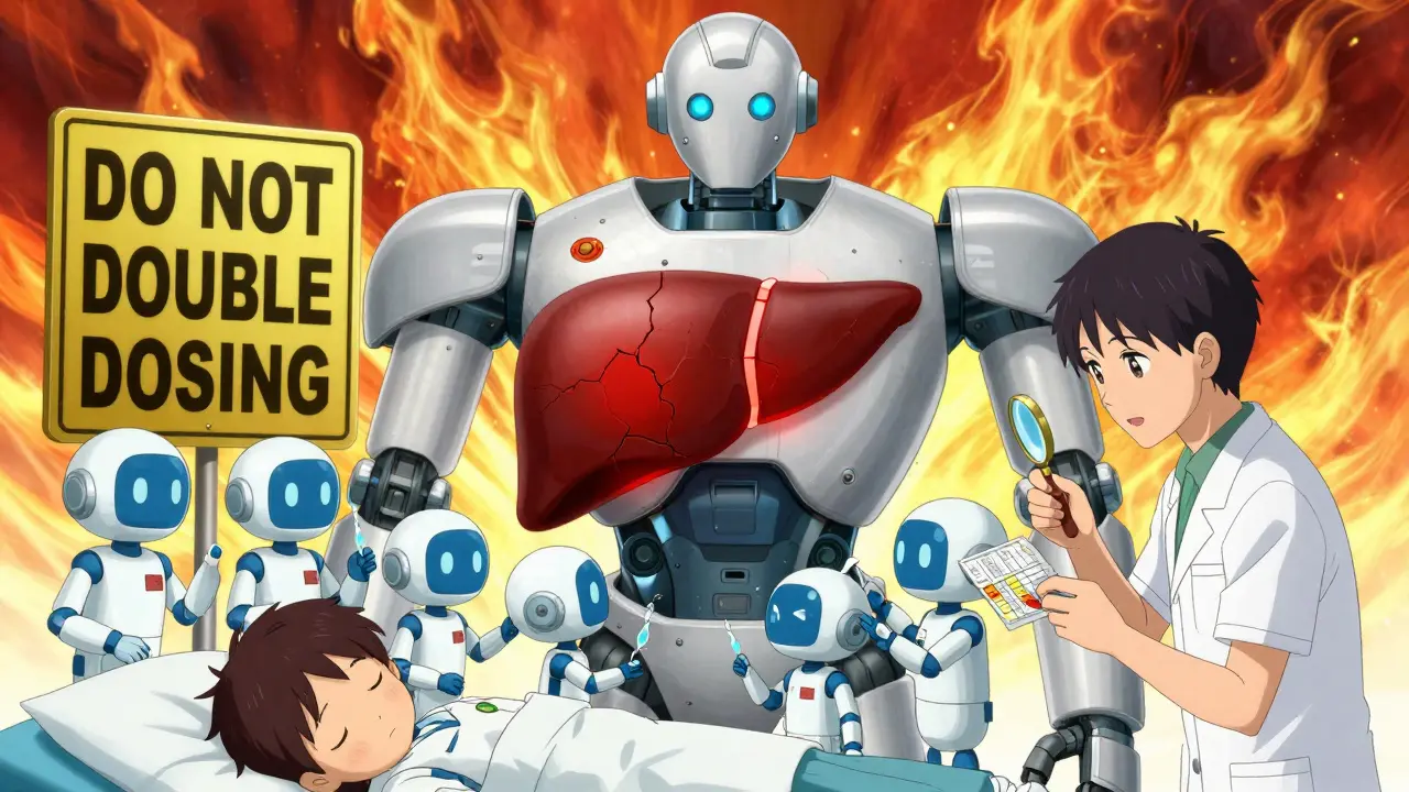 A medical robot with a cracked liver core is repaired by nurse bots using saline and acetaminophen, while a parent reads a warning label.