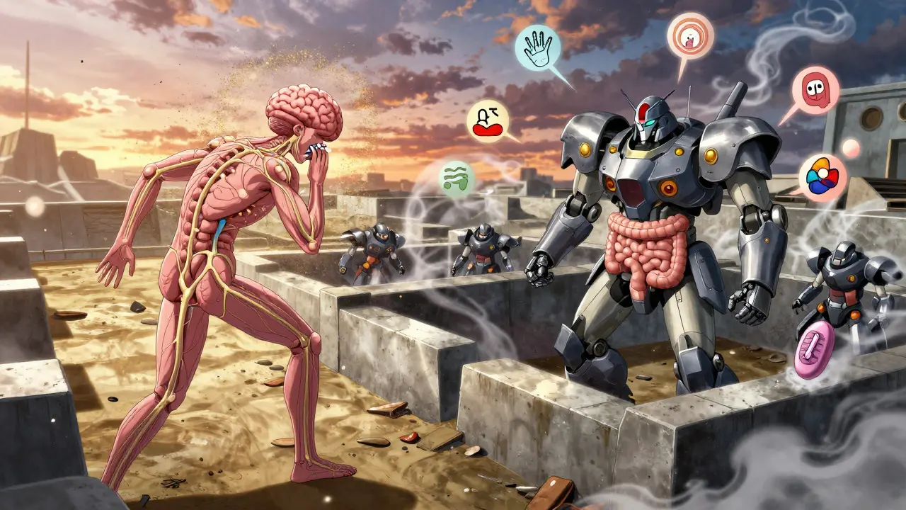 A neural battlefield where brain receptors surrender as nausea fades, but intestinal cells hold firm against opioids.