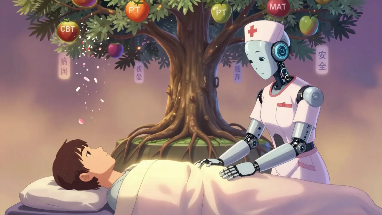 A nurse robot comforts a patient beneath a digital tree of non-opioid treatments.