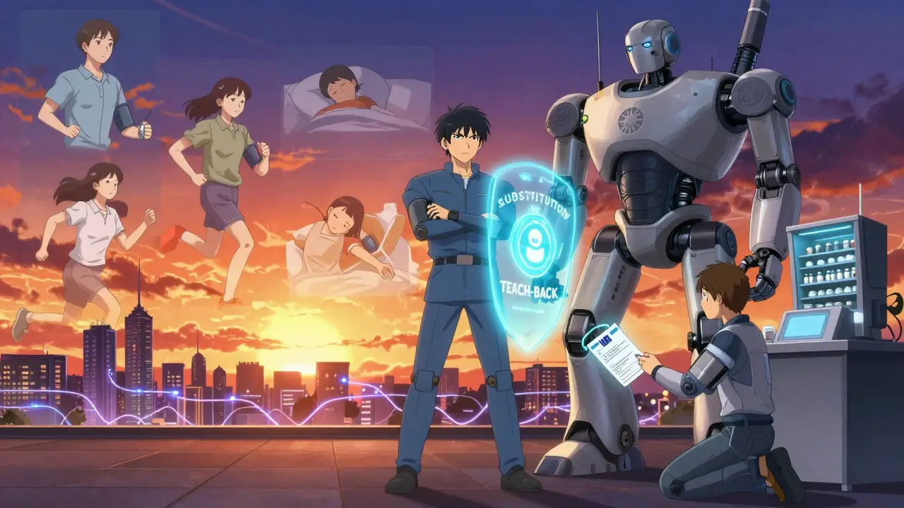 A patient activates a 'NO SUBSTITUTION' shield as a robotic pharmacist offers a holographic teach-back confirmation.