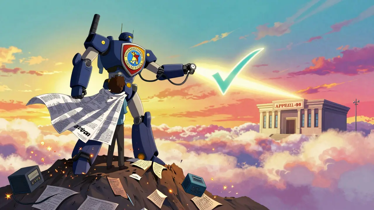 A patient activating a mech made of stethoscopes to launch a checkmark beam.