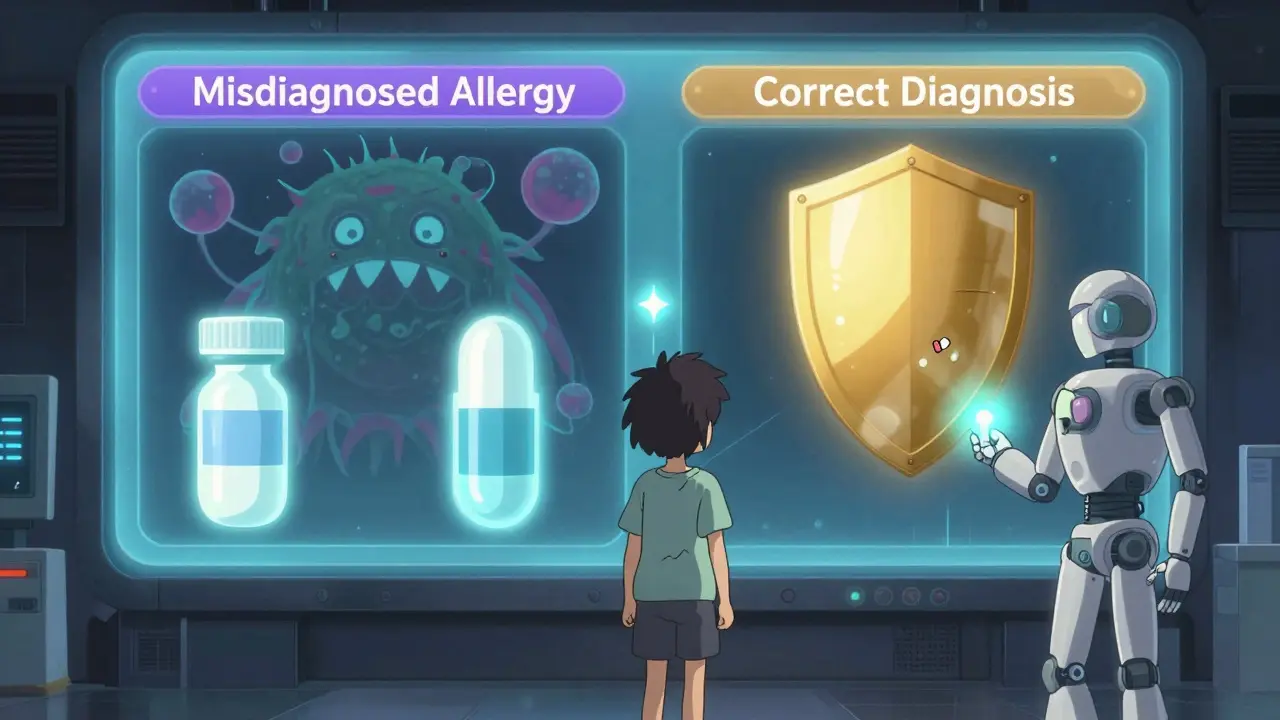 A patient choosing between misdiagnosed allergy and correct diagnosis on a split-screen medical display.