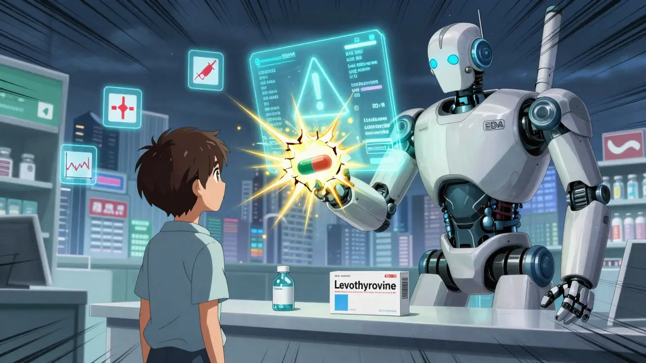 A patient faces a robotic pharmacist as a warning glows above a levothyroxine pill with energy cracks.