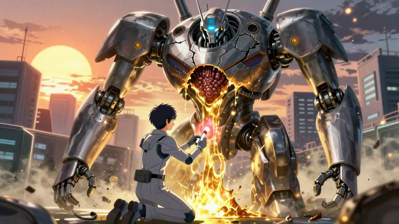 A patient receiving an emergency hydrocortisone injector from a robotic arm as their adrenal mech cracks and glows.