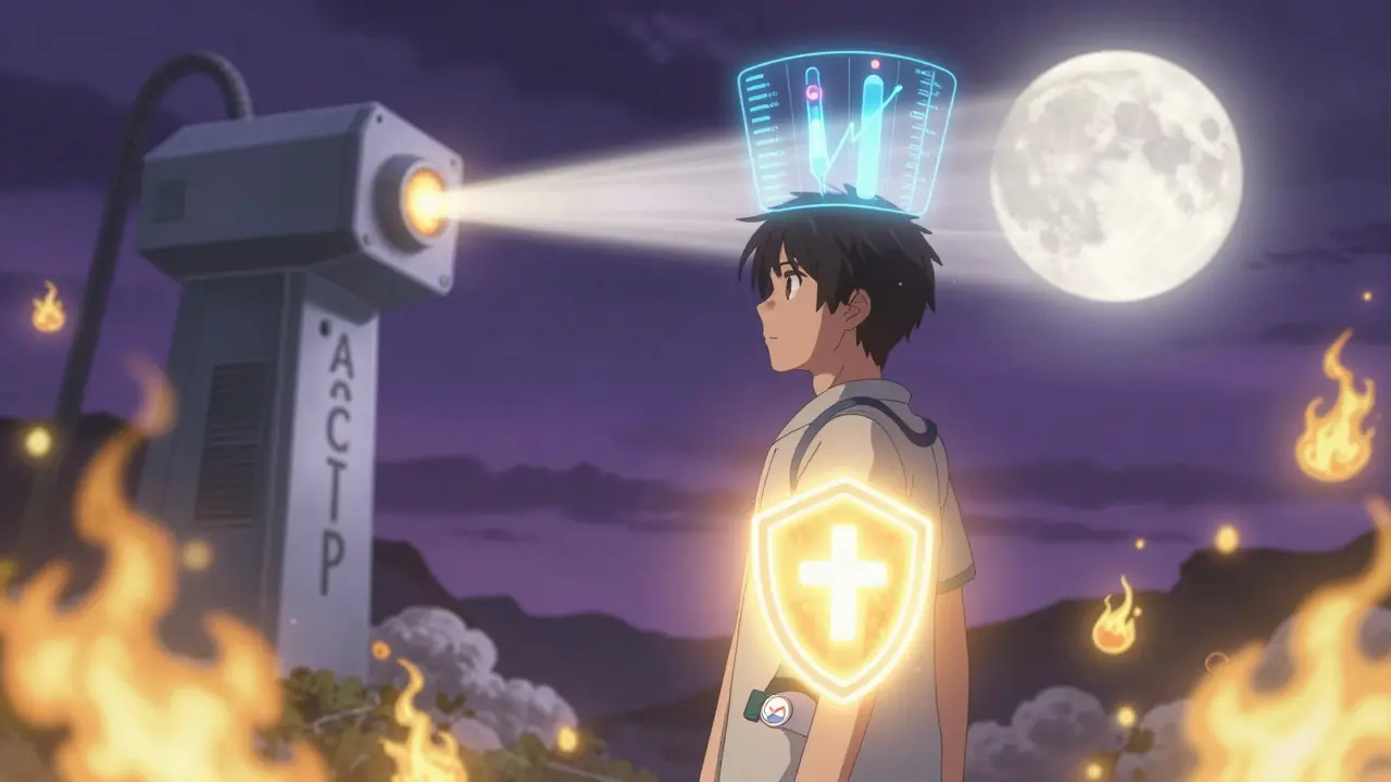 A person protected by a glowing medical alert bracelet as cortisol levels rise above them in holograms.