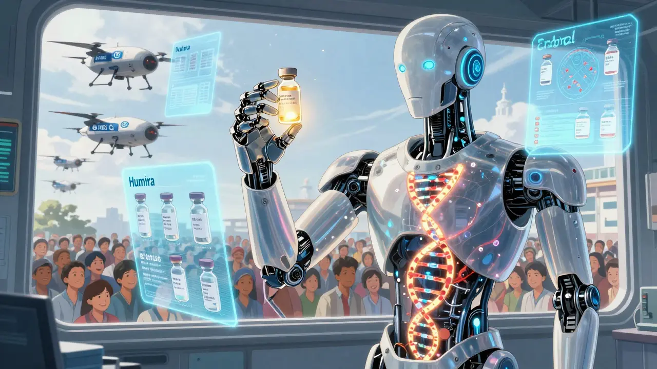 A robot scientist creating affordable biosimilar drugs, with holograms of branded medications being transformed.