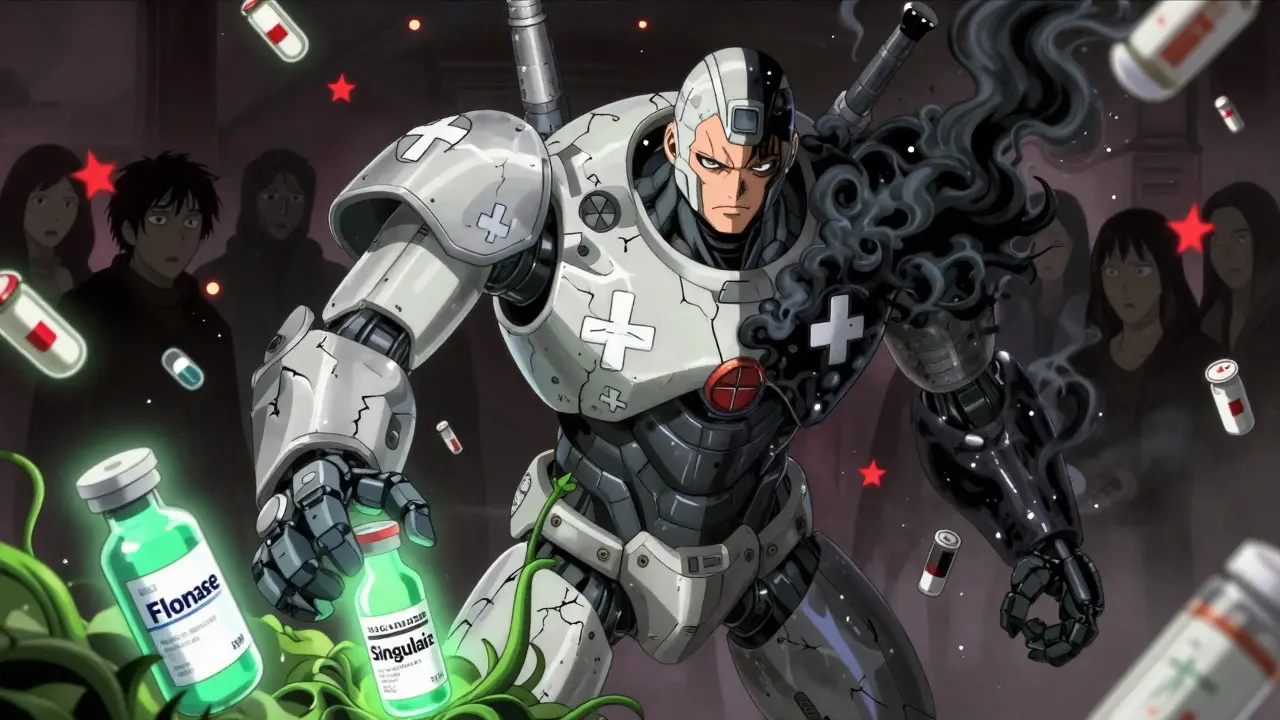 A robot split between medical safety and alcohol danger, reaching toward green alternatives as shadowy figures watch in confusion.