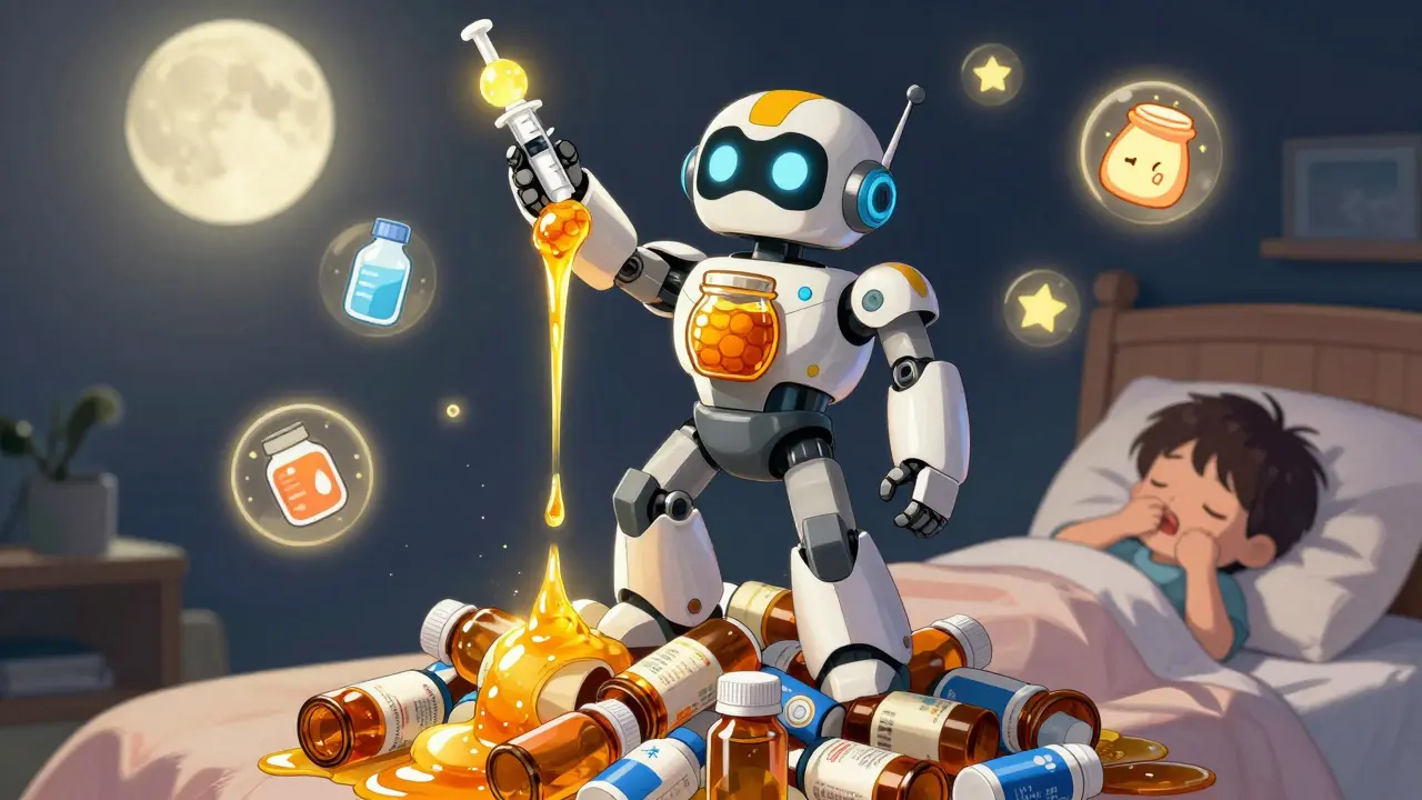A robot with a honey-jar chest releases a golden stream to soothe a coughing child in bed, surrounded by symbols of care.